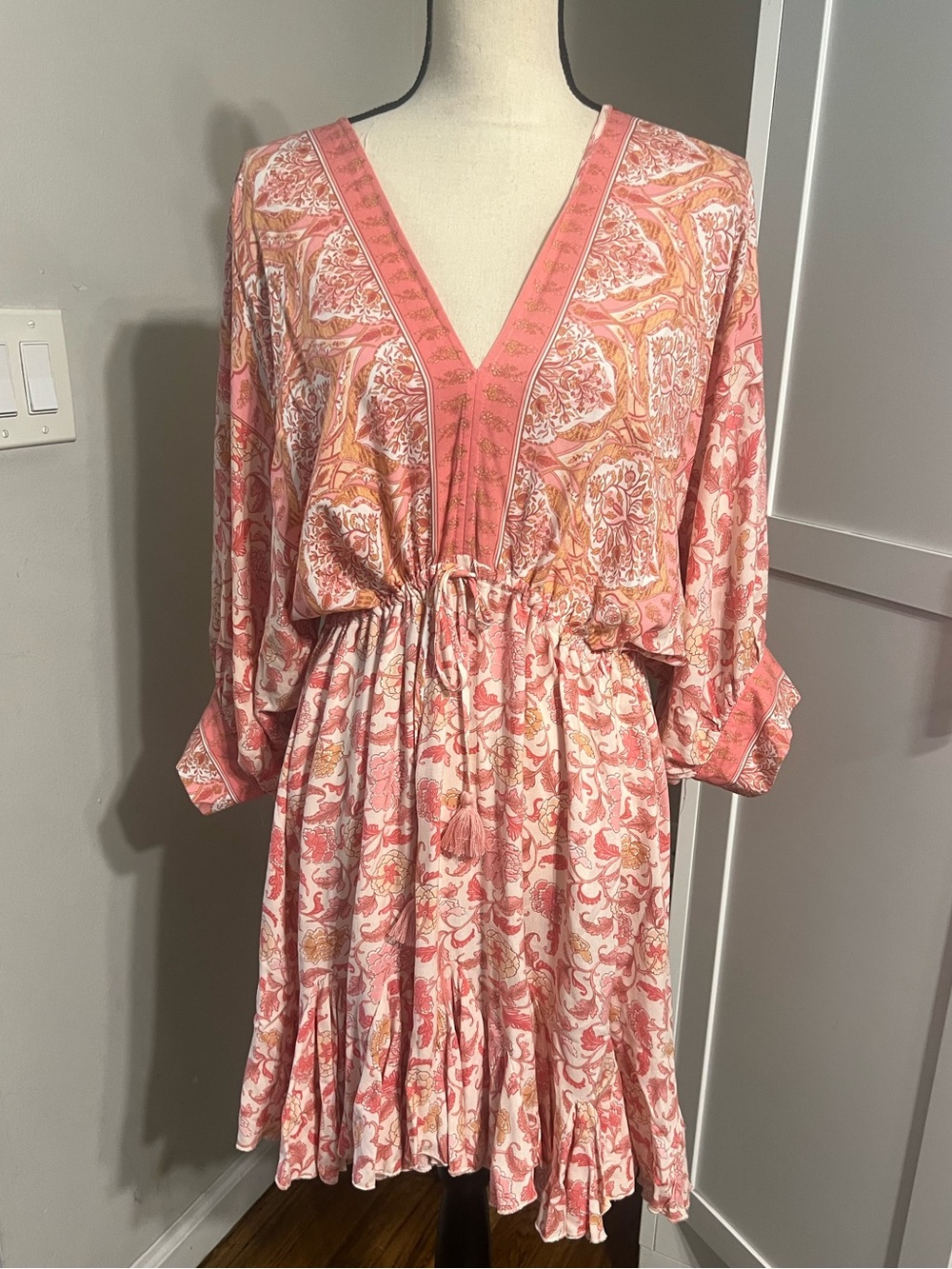 Aakaa Pink Coral Paisley V-Neck Drawstring Mini Dress